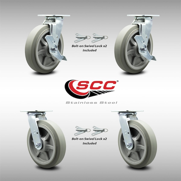 Service Caster 8 Inch SS Thermoplastic Caster Set with Roller Bearing 4 Swivel Lock 2 Brake SCC SCC-SS30S820-TPRRF-TLB-BSL-2-BSL-2 - main